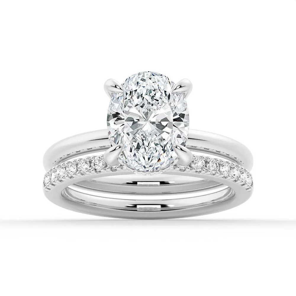 Oval Solitaire Hidden Halo Moissanite Ring Set with Matching Wedding Band sold by MSBLUE Jewelry