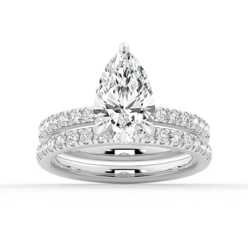 Pear Shaped Pavé Band Moissanite Engagement Ring With Hidden Halo Ring Set sold by MSBLUE Jewelry