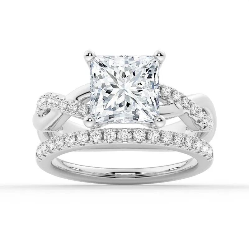 Twist Band Princess Cut Moissanite Ring Set with Matching Wedding Band sold by MSBLUE Jewelry