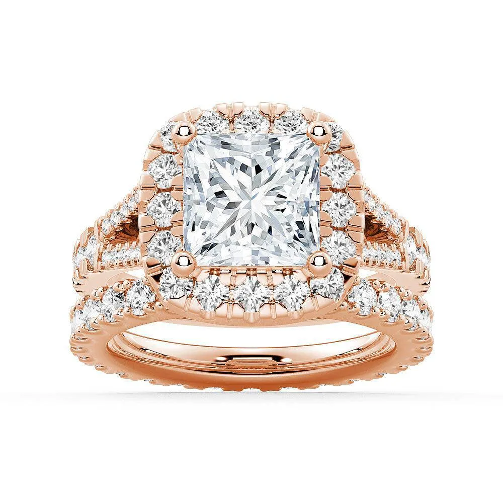Princess Cut Split Shank Halo Moissanite Ring Set with Matching Wedding Band sold by MSBLUE Jewelry product image thumbnail 3