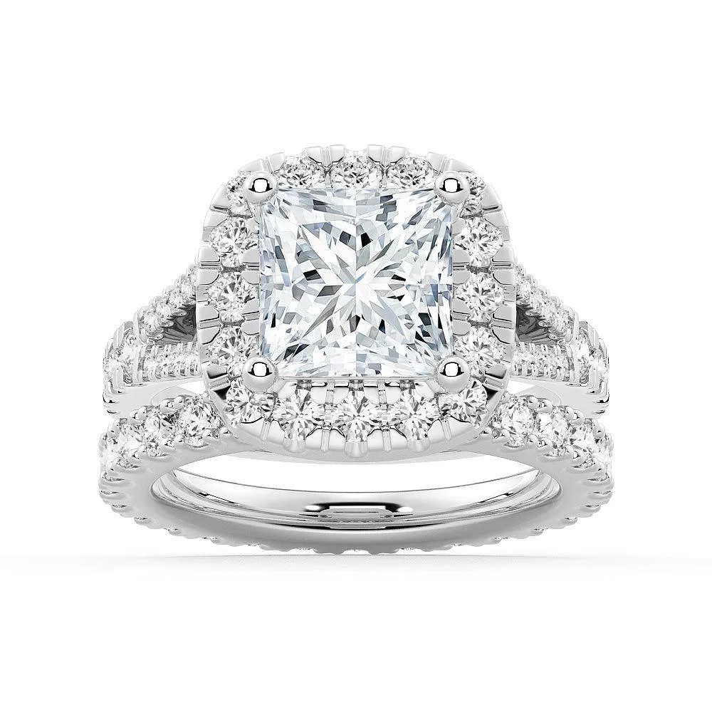 Princess Cut Split Shank Halo Moissanite Ring Set with Matching Wedding Band sold by MSBLUE Jewelry
