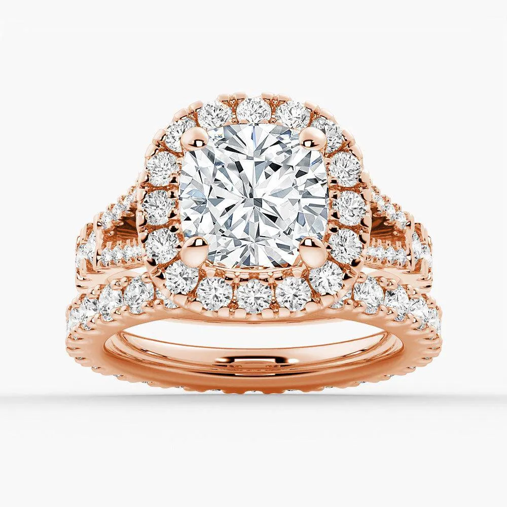 Halo Cushion Cut Split Shank Moissanite Ring Set with Matching Wedding Band sold by MSBLUE Jewelry product image thumbnail 3