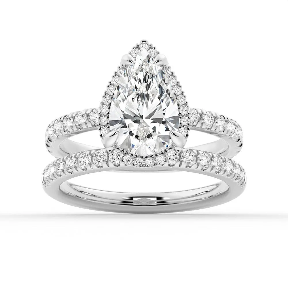 Half Eternity Pear Shaped Halo Moissanite Ring Set with Matching Wedding Band sold by MSBLUE Jewelry