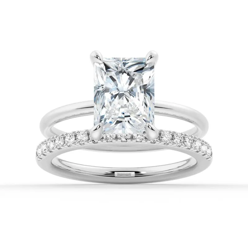 Four Prong Radiant Solitaire Moissanite Ring Set with Matching Wedding Band sold by MSBLUE Jewelry