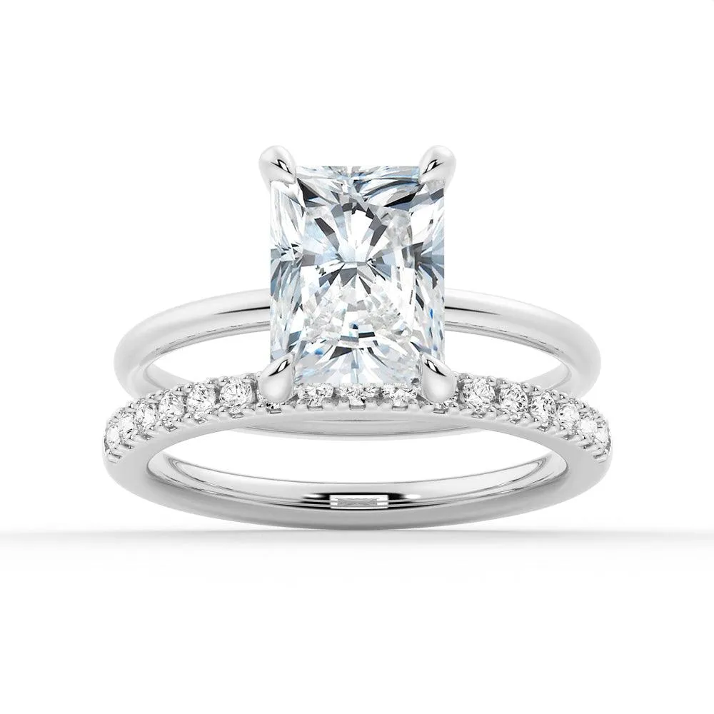 Four Prong Radiant Solitaire Moissanite Ring Set with Matching Wedding Band sold by MSBLUE Jewelry