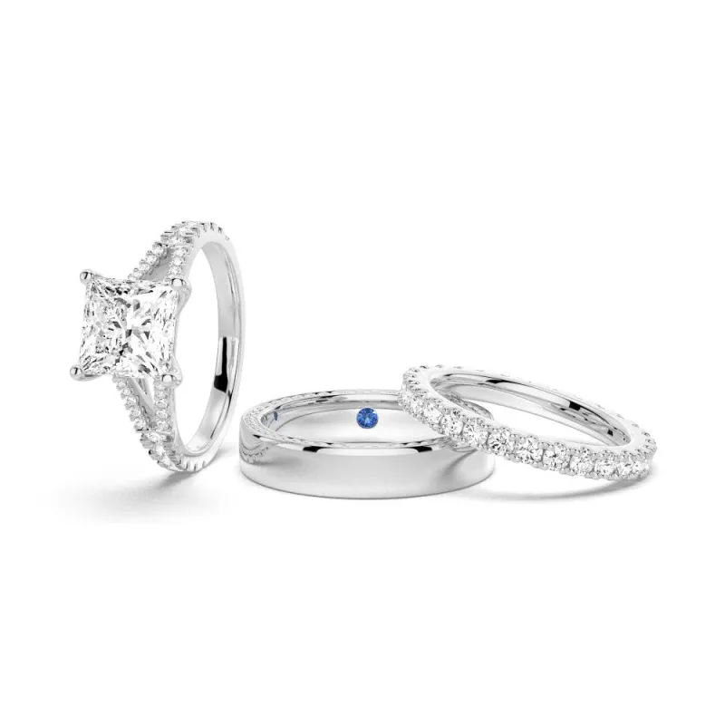 Princess Cut Split Shank Moissanite Couple's Ring Set with Men's Wedding Band sold by MSBLUE Jewelry