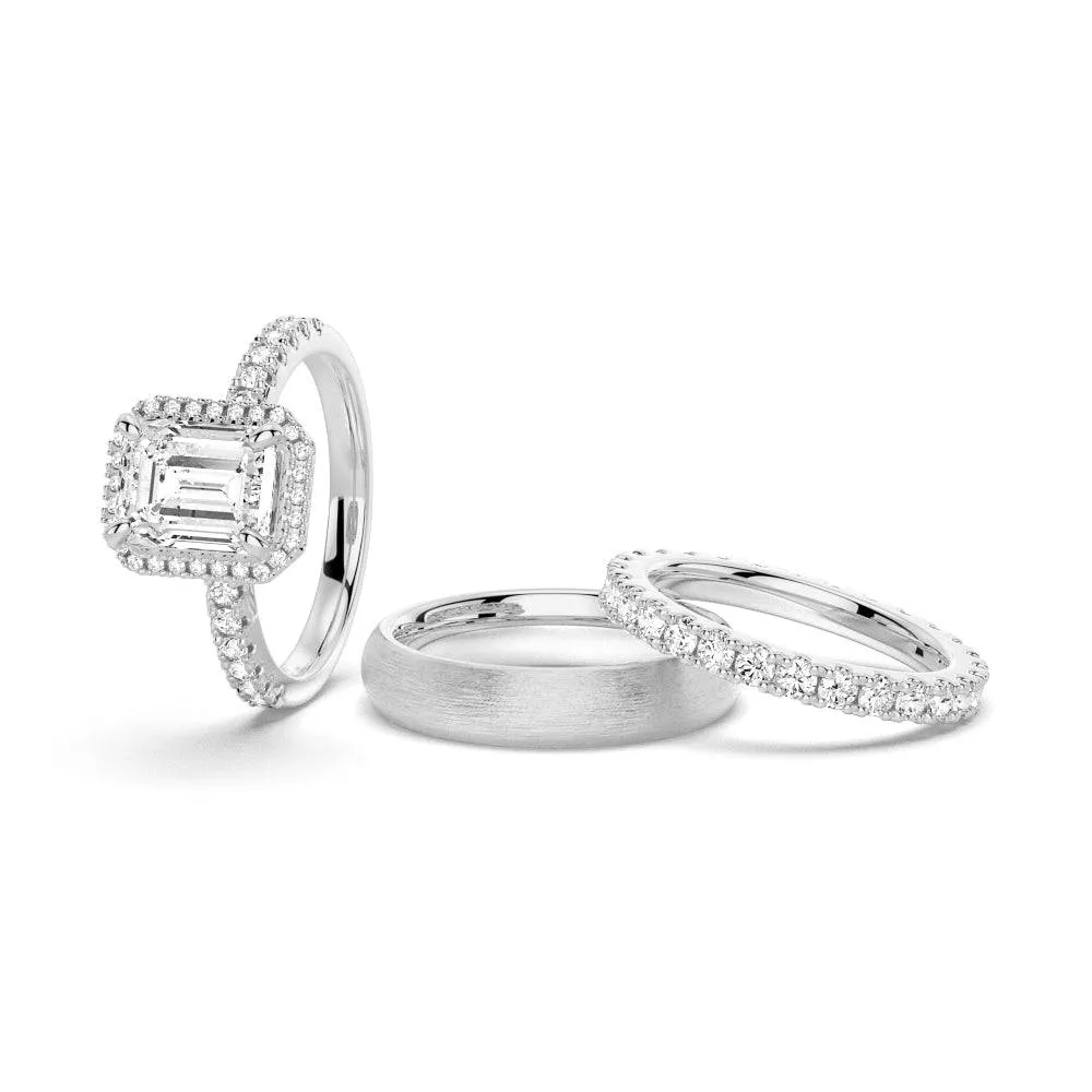 Emerald Cut Moissanite Couple's Ring Set with Men's Wedding Band sold by MSBLUE Jewelry