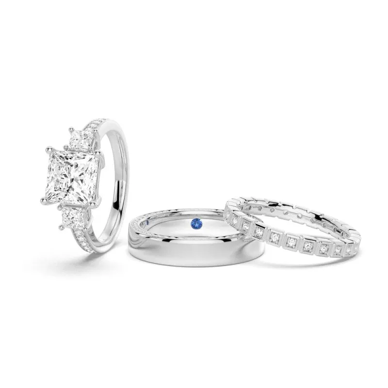 Three Stone Princess Shaped Moissanite Couple's Ring Set with Men's Wedding Band sold by MSBLUE Jewelry