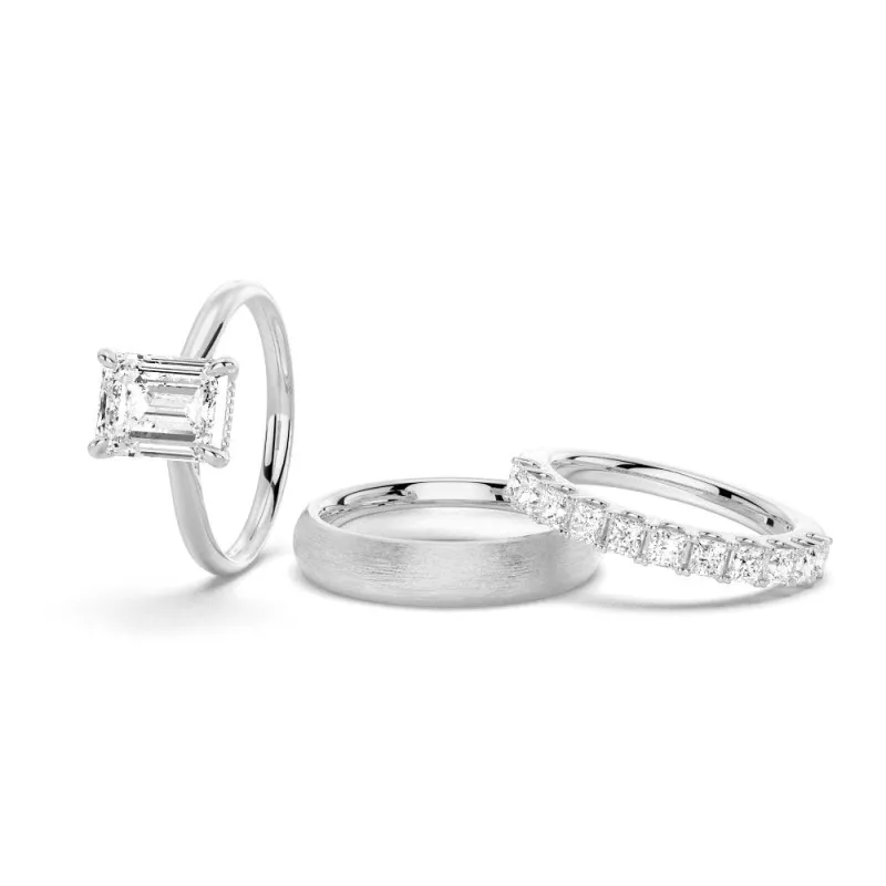 Emerald Cut Hidden Halo Moissanite Couple's Ring Set with Men's Wedding Band sold by MSBLUE Jewelry