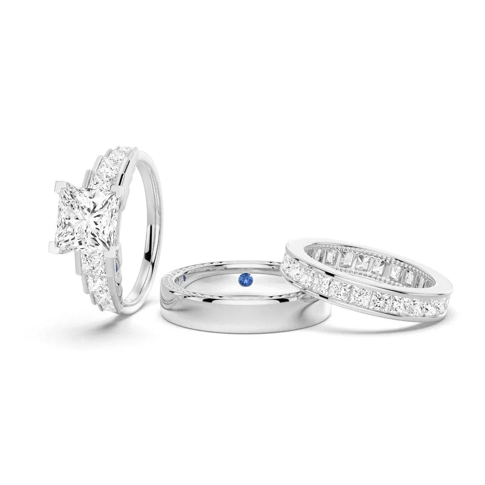 Unique Cinderella Staircase Princess Cut Moissanite Couple's Ring Set with Men's Wedding Band sold by MSBLUE Jewelry