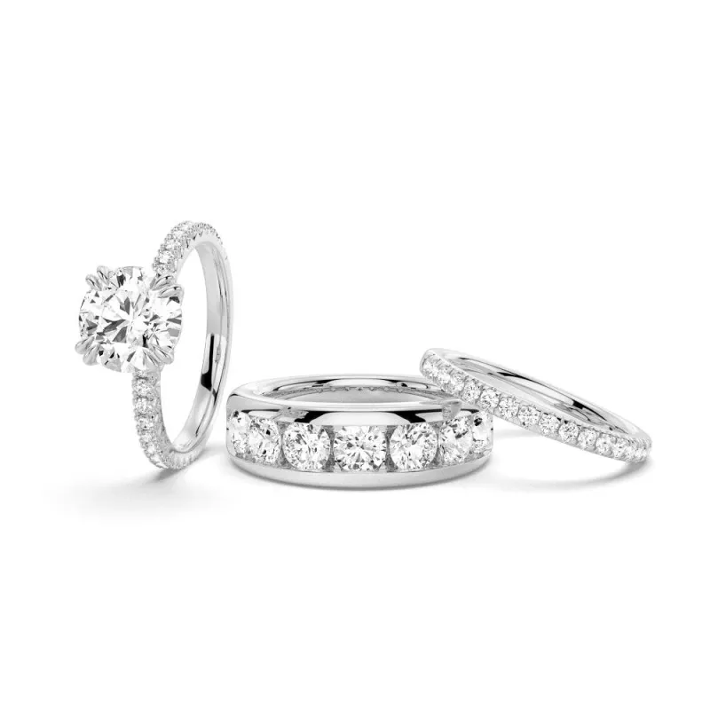 Round Cut Moissanite Couple's Ring Set with Men's Wedding Band sold by MSBLUE Jewelry