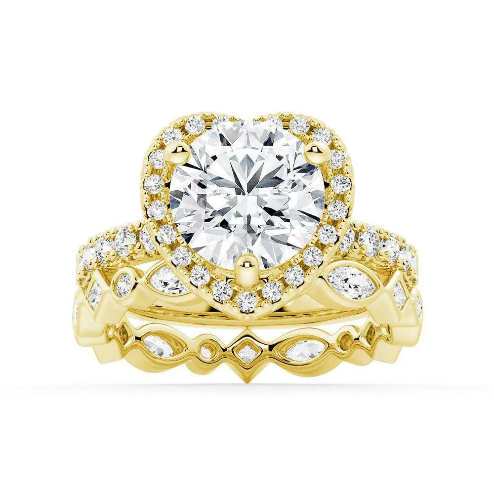 Round Shaped Moissanite Ring Set with Heart Frame Design and Matching Wedding Band sold by MSBLUE Jewelry product image thumbnail 2