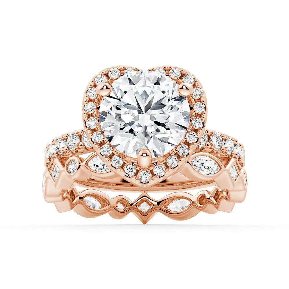 Round Shaped Moissanite Ring Set with Heart Frame Design and Matching Wedding Band sold by MSBLUE Jewelry product image thumbnail 3