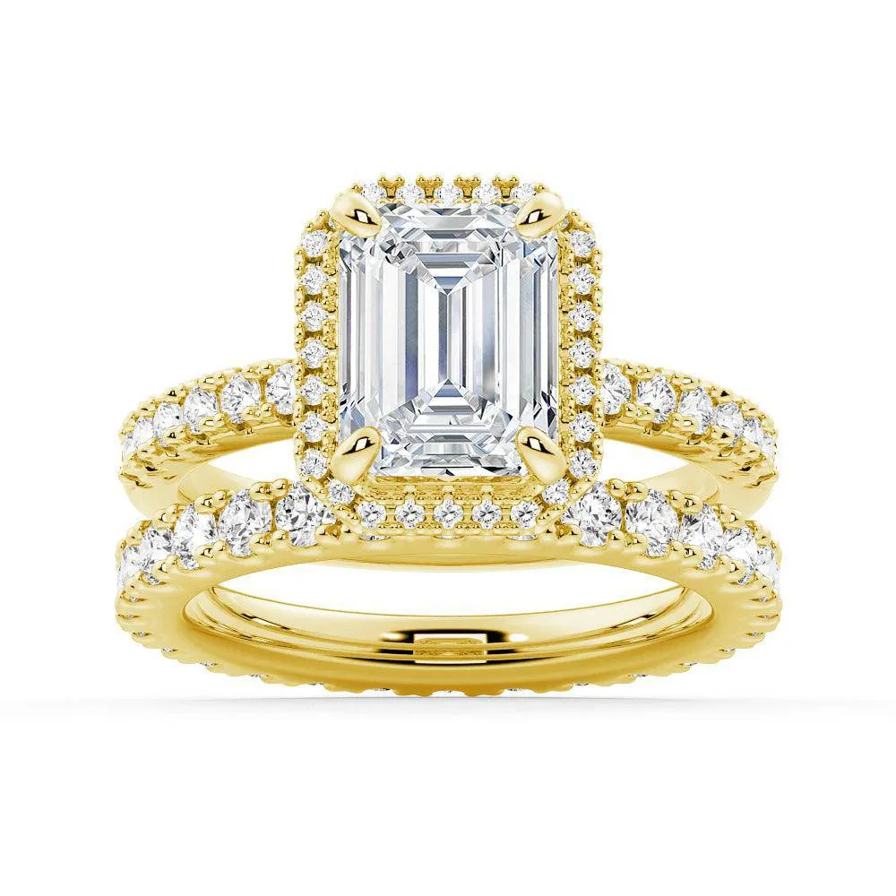 Emerald Cut Halo Moissanite Ring Set with Matching Wedding Band sold by MSBLUE Jewelry product image thumbnail 2