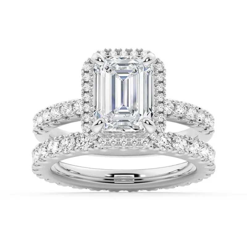 Emerald Cut Halo Moissanite Ring Set with Matching Wedding Band sold by MSBLUE Jewelry