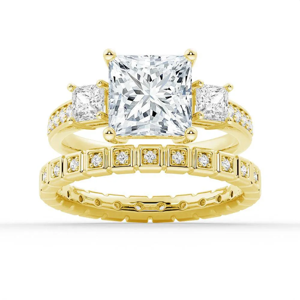 Three Stone Princess Shaped Moissanite Ring Set with Matching Wedding Band sold by MSBLUE Jewelry product image thumbnail 2