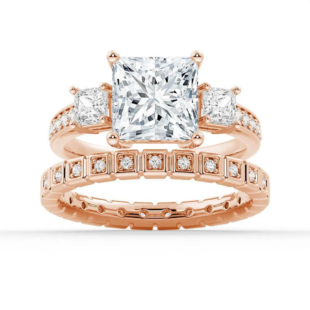 Three Stone Princess Shaped Moissanite Ring Set with Matching Wedding Band sold by MSBLUE Jewelry product image thumbnail 3