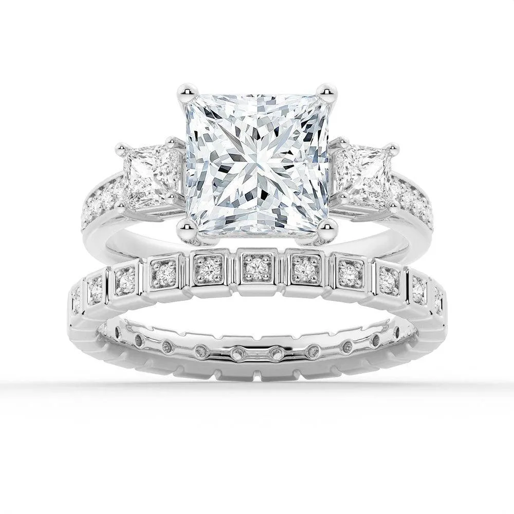 Three Stone Princess Shaped Moissanite Ring Set with Matching Wedding Band sold by MSBLUE Jewelry