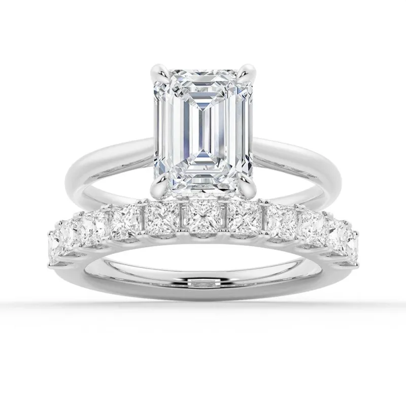 Emerald Cut Hidden Halo Moissanite Ring Set with Matching Wedding Band sold by MSBLUE Jewelry