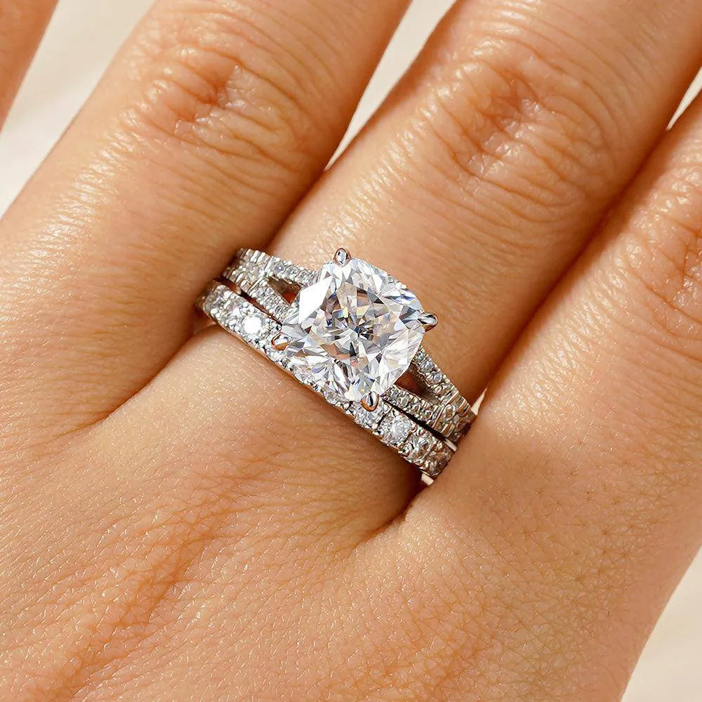 Cushion Cut Split Shank Moissanite Ring Set with Matching Wedding Band sold by MSBLUE Jewelry product image thumbnail 4