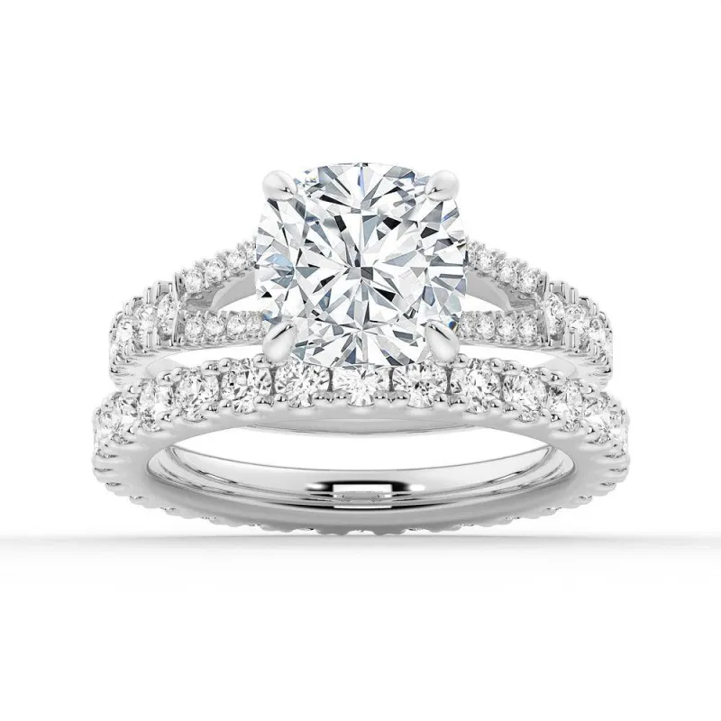 Cushion Cut Split Shank Moissanite Ring Set with Matching Wedding Band sold by MSBLUE Jewelry
