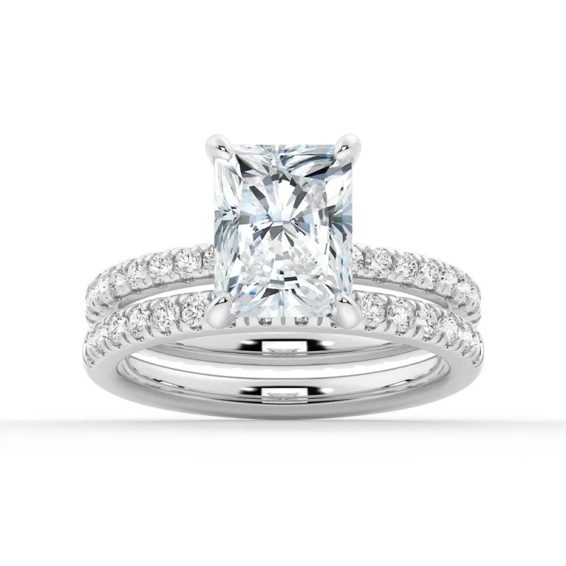 Solitaire Radiant Cut Moissanite Ring Set with Matching Wedding Band sold by MSBLUE Jewelry
