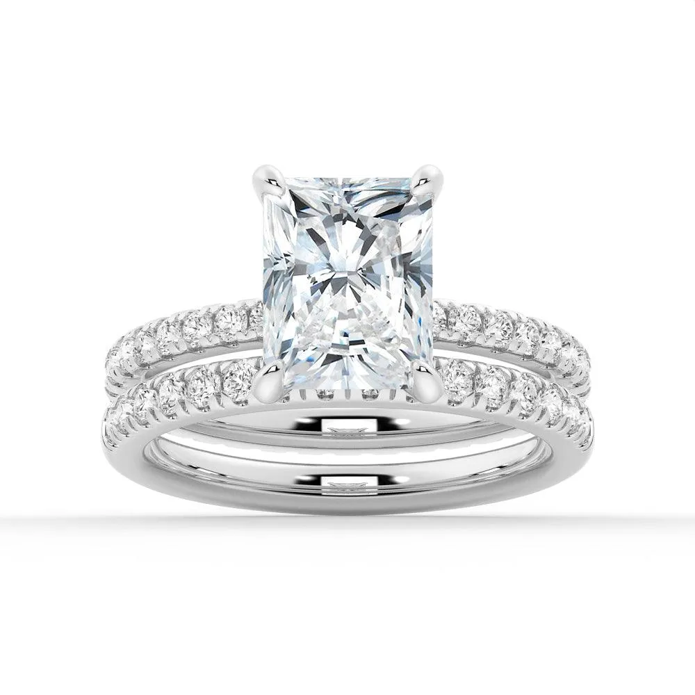 Solitaire Radiant Cut Moissanite Ring Set with Matching Wedding Band sold by MSBLUE Jewelry