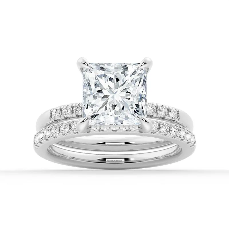 Princess Cut Hidden Halo Moissanite Ring Set with Matching Wedding Band sold by MSBLUE Jewelry