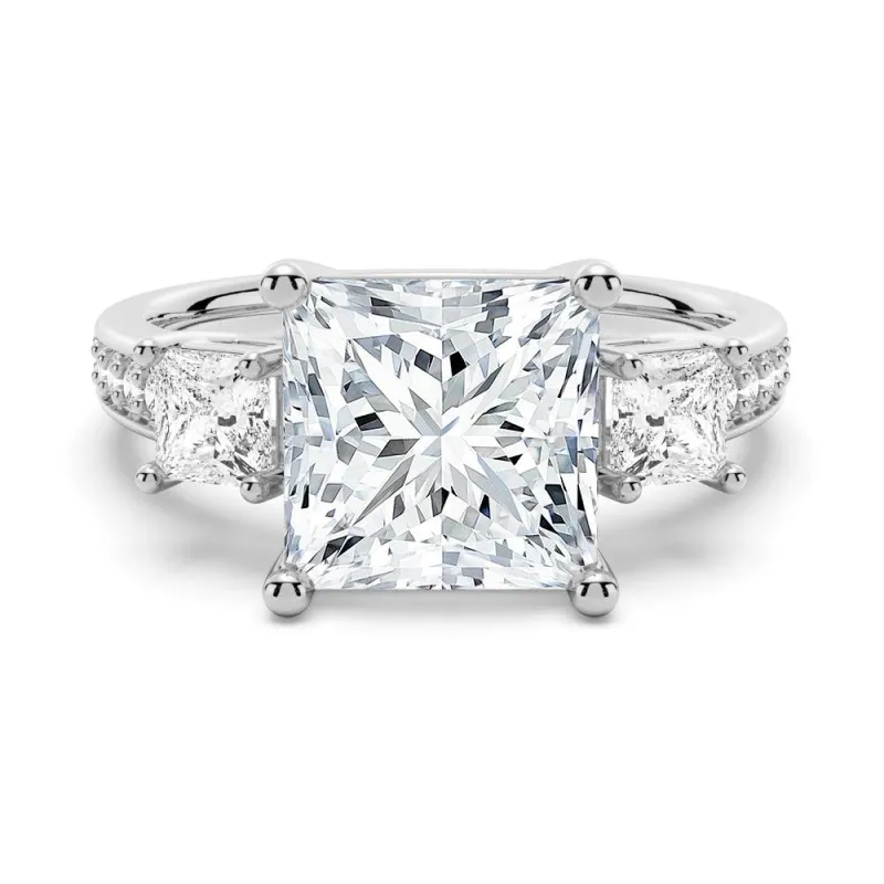 Three Stone Princess Shaped Moissanite Engagement Ring sold by MSBLUE Jewelry