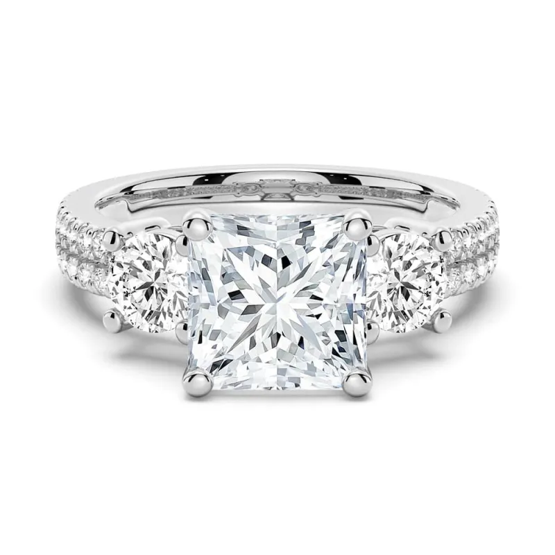 Double Row Pave Three Stone Princess Cut Moissanite Engagement Ring sold by MSBLUE Jewelry