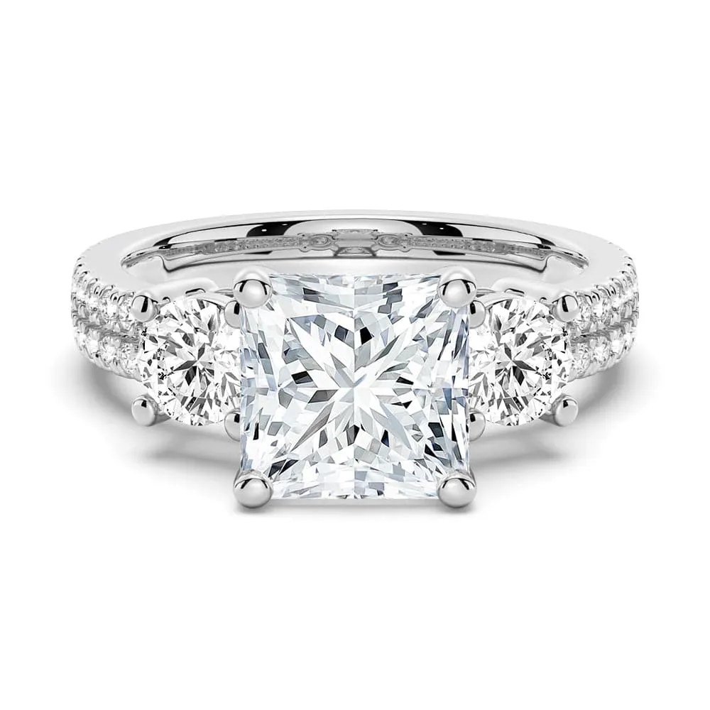Double Row Pave Three Stone Princess Cut Moissanite Engagement Ring sold by MSBLUE Jewelry