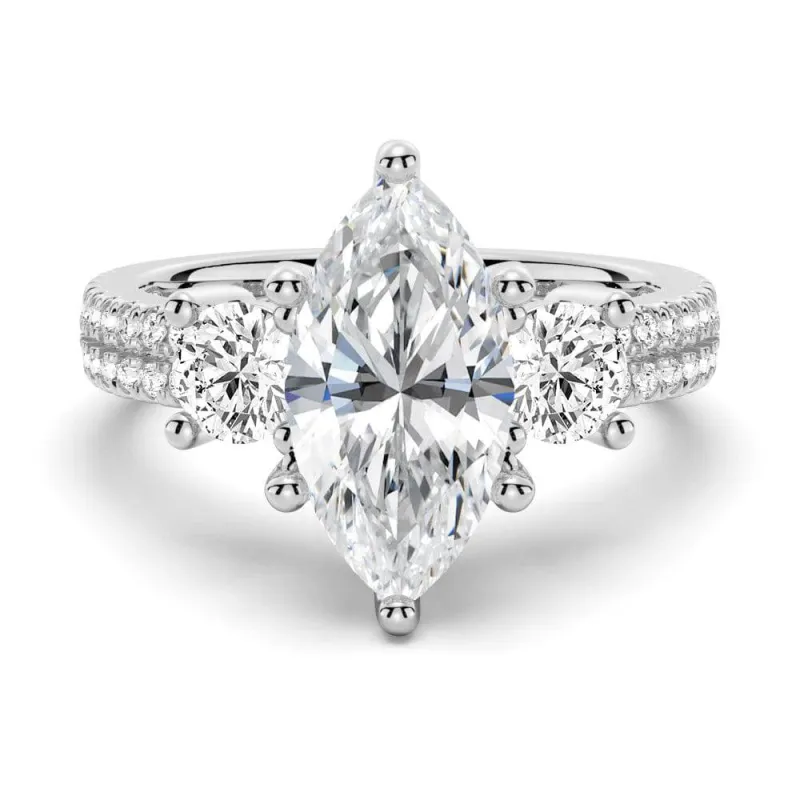 Double Row Pave Three Stone Marquise Cut Moissanite Engagement Ring sold by MSBLUE Jewelry