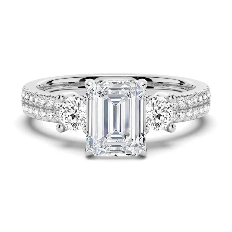 Double Row Pave Three Stone Emerald Cut Moissanite Engagement Ring sold by MSBLUE Jewelry