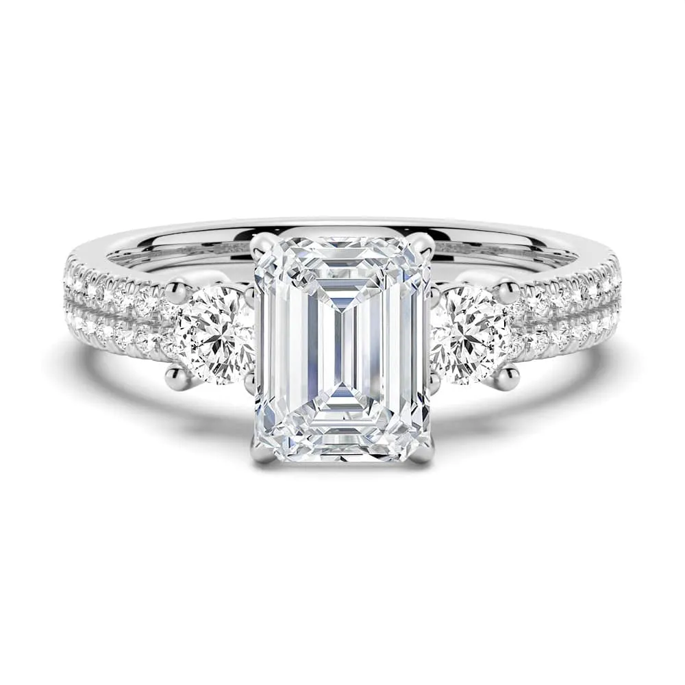 Double Row Pave Three Stone Emerald Cut Moissanite Engagement Ring sold by MSBLUE Jewelry