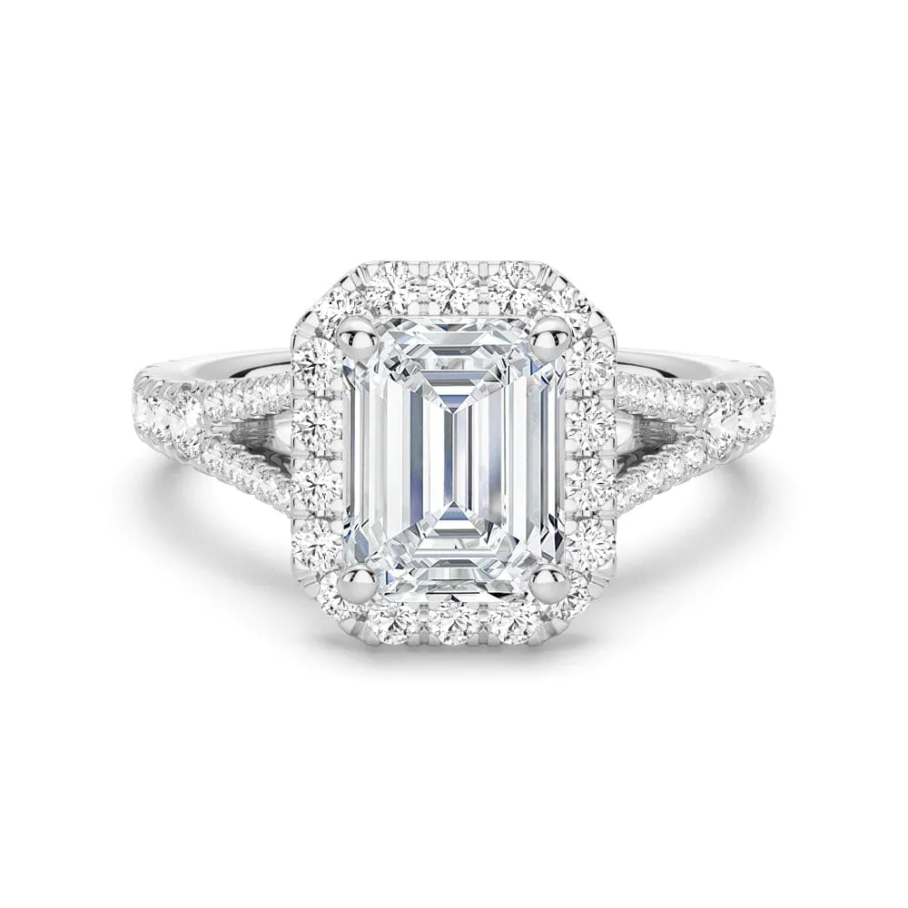 Emerald Cut Split Shank Moissanite Halo Engagement Ring sold by MSBLUE Jewelry