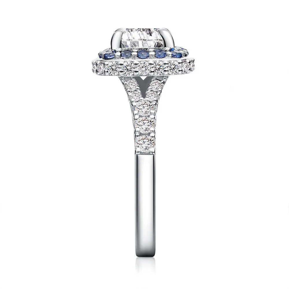 Double Sapphire Halo Cushion Cut Moissanite Engagement Ring With Split Band sold by MSBLUE Jewelry product image thumbnail 3