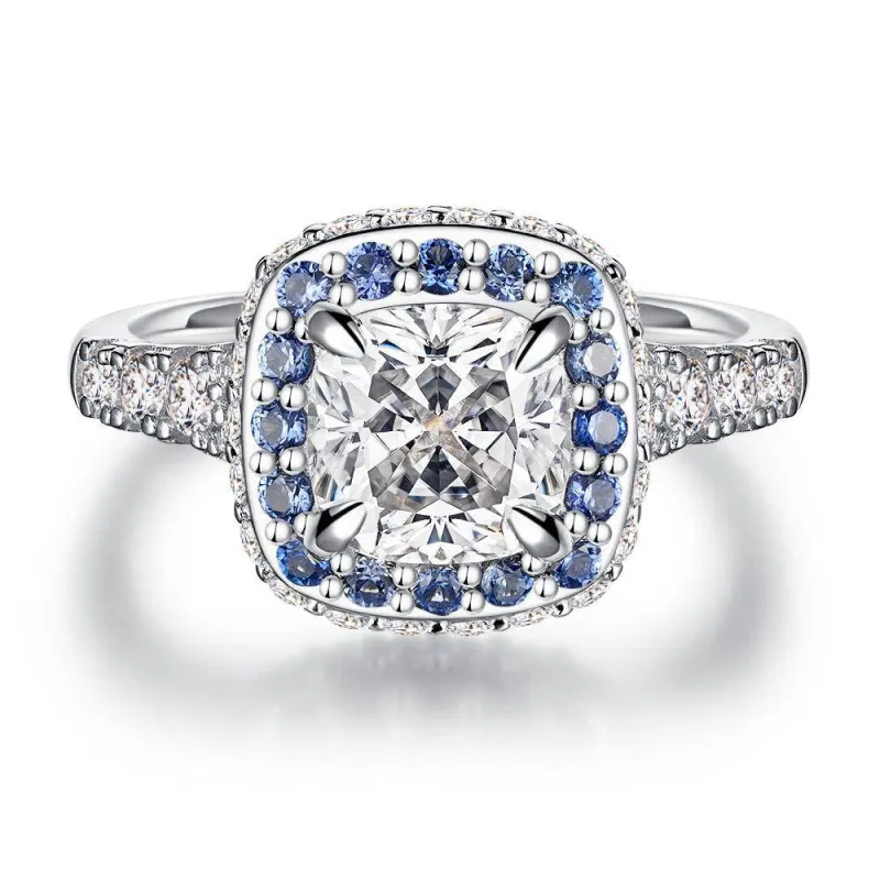 Double Sapphire Halo Cushion Cut Moissanite Engagement Ring With Split Band sold by MSBLUE Jewelry