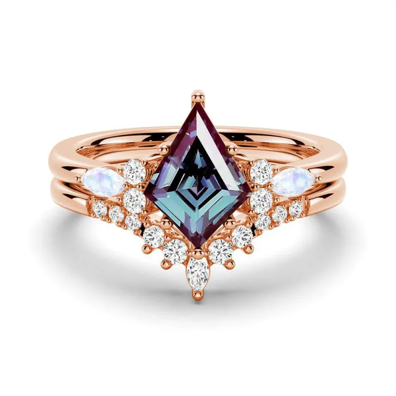 2 CT. Art Deco Kite Cut Alexandrite Engagement Ring Set With Moonstone Accents made by MSBLUE Jewelry