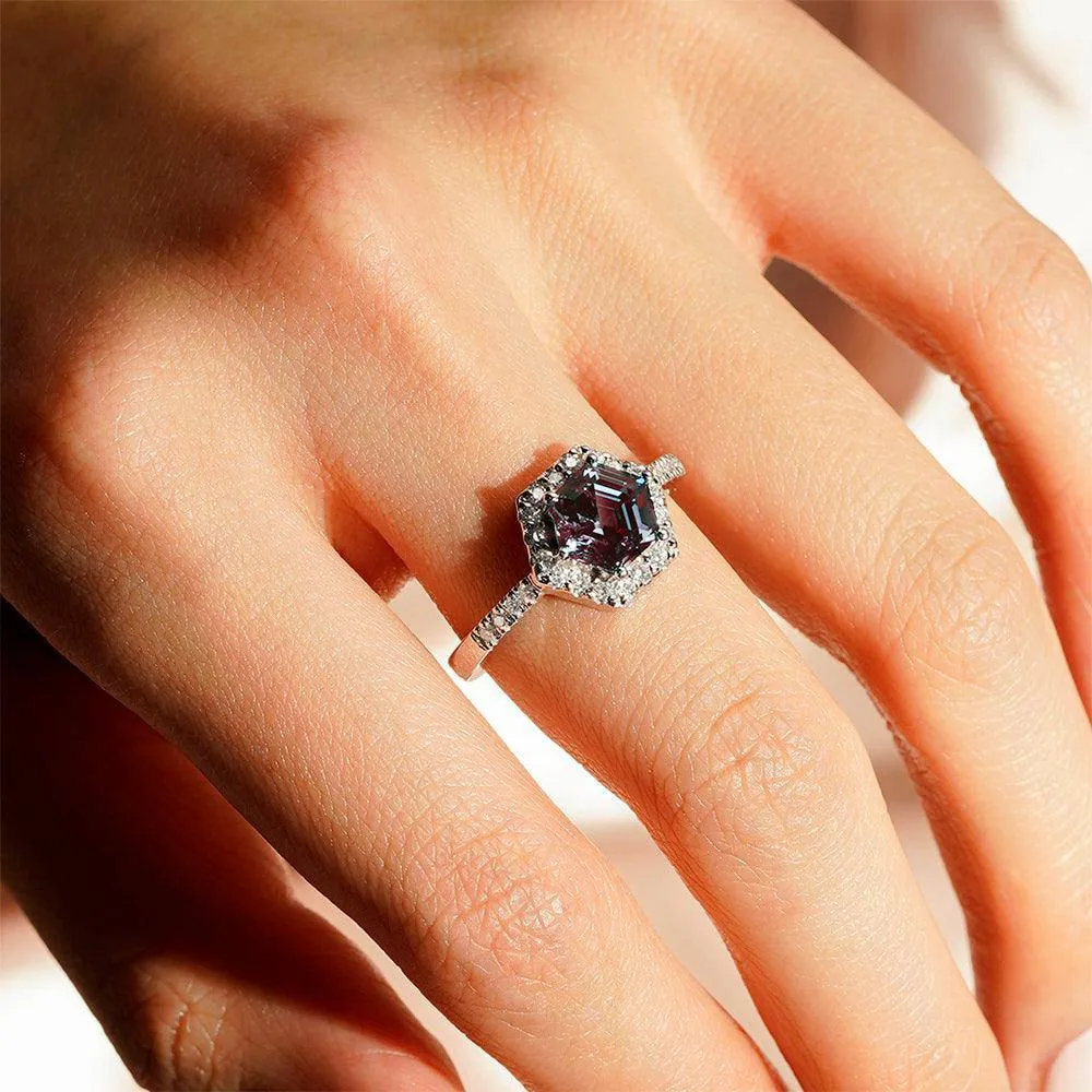 1.5 CT. Hexagon Cut Alexandrite Engagement Ring With Moissanite Halo Pavé sold by MSBLUE Jewelry product image thumbnail 5