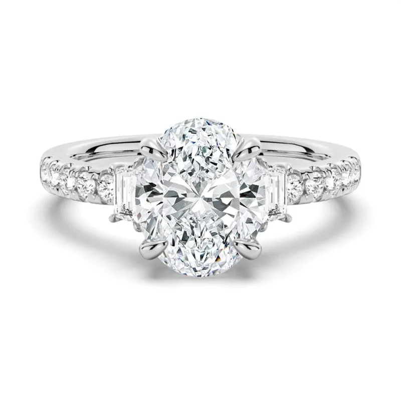 Three Stone Oval & Half Moon Moissanite Engagement Ring with Pavé Band sold by MSBLUE Jewelry