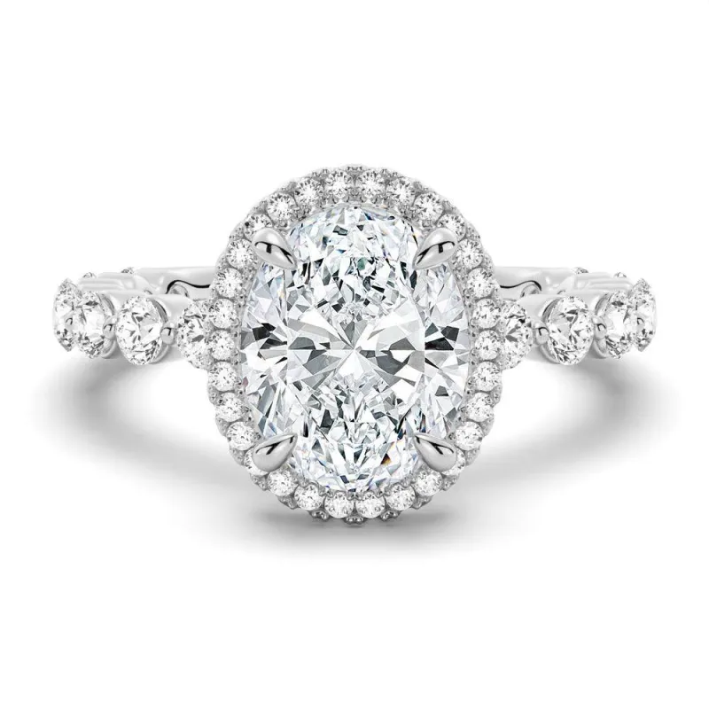 Oval Halo with Pavé Shared Prong Band Moissanite Engagement Ring sold by MSBLUE Jewelry