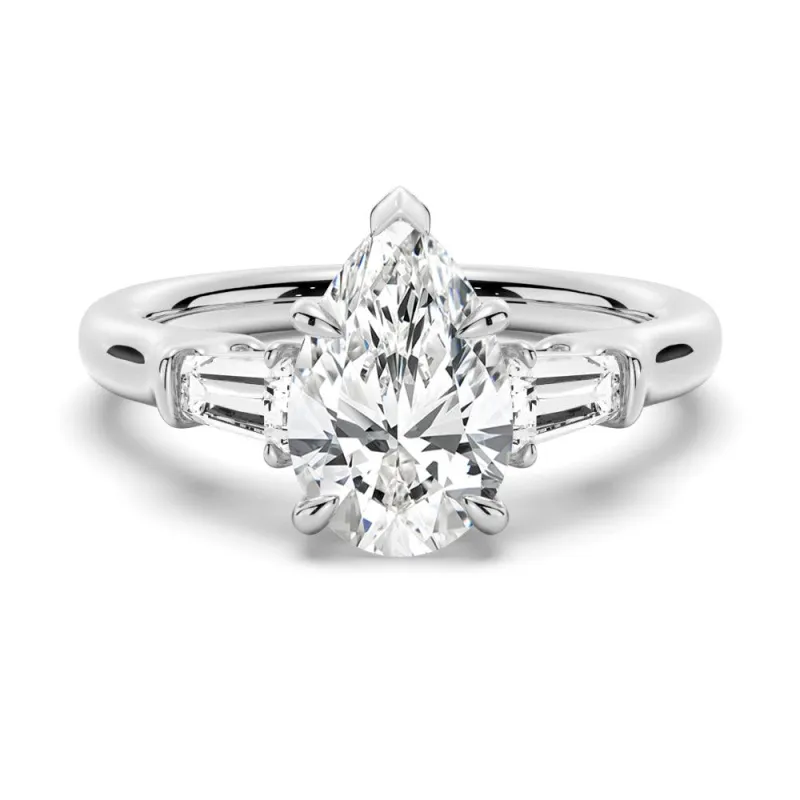 Pear Shaped Moissanite Engagement Ring with Tapered Baguette Side Stones sold by MSBLUE Jewelry