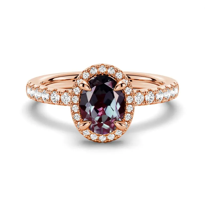 1.5 CT. Oval Alexandrite Engagement Ring With Moissanite Pavé Halo sold by MSBLUE Jewelry