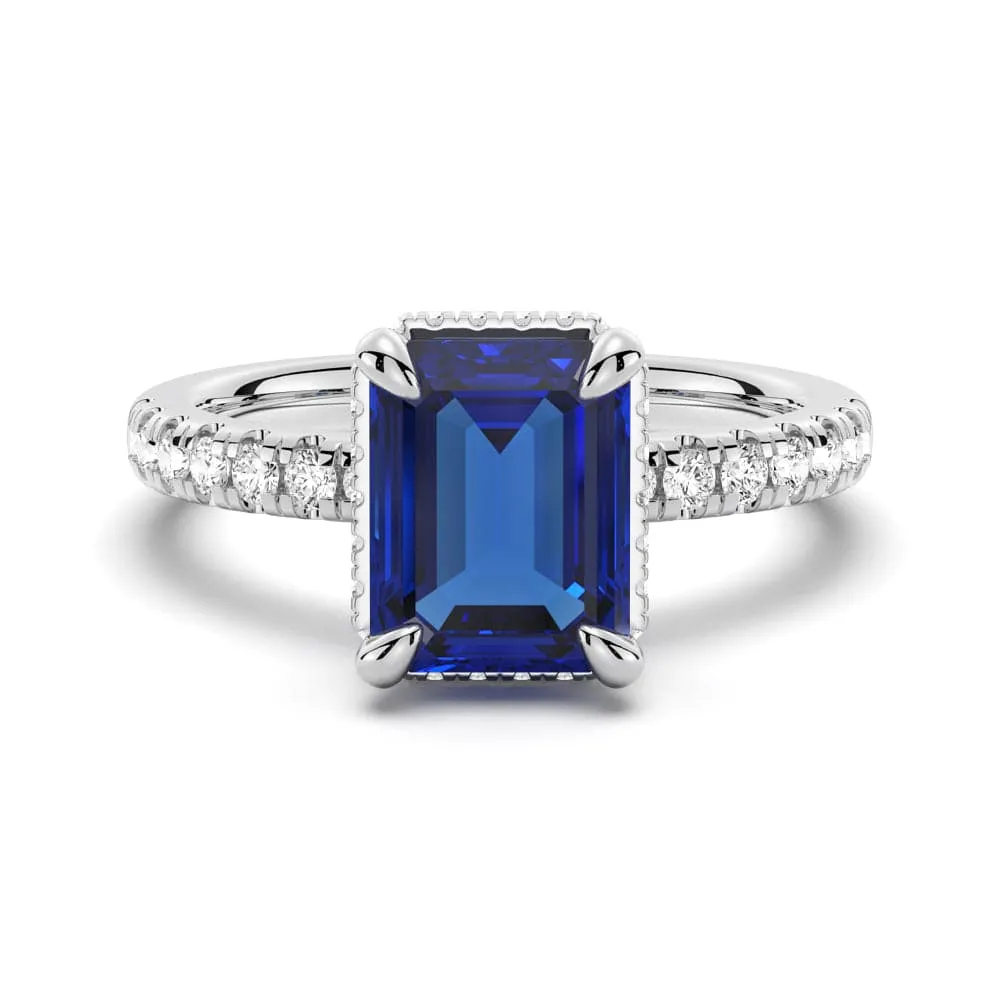 Emerald Cut Blue Sapphire and White Sapphire Ring sold by MSBLUE Jewelry