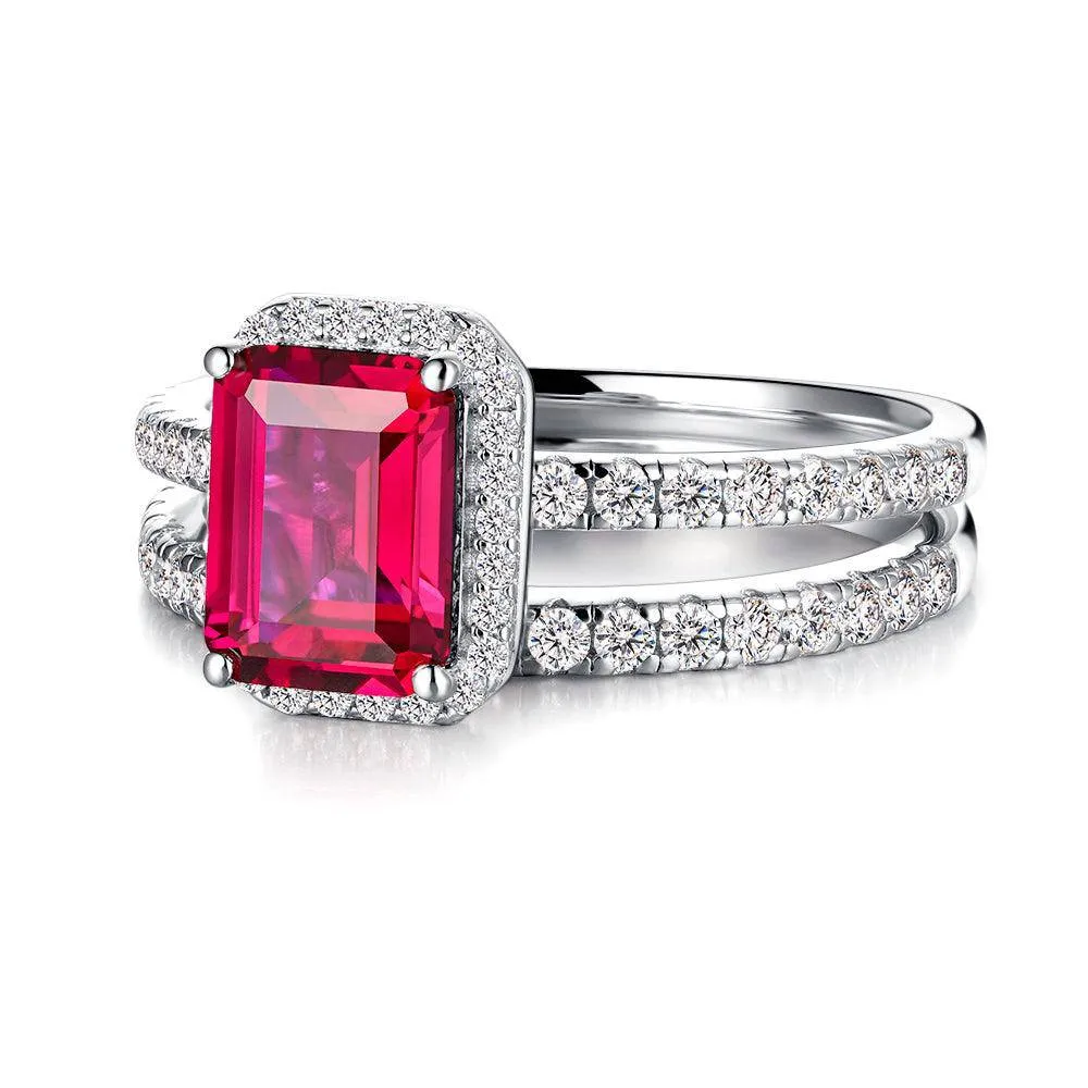 2 CT. Emerald Cut Lab Grown Ruby Ring Set with Matching Wedding Band sold by MSBLUE Jewelry product image thumbnail 2