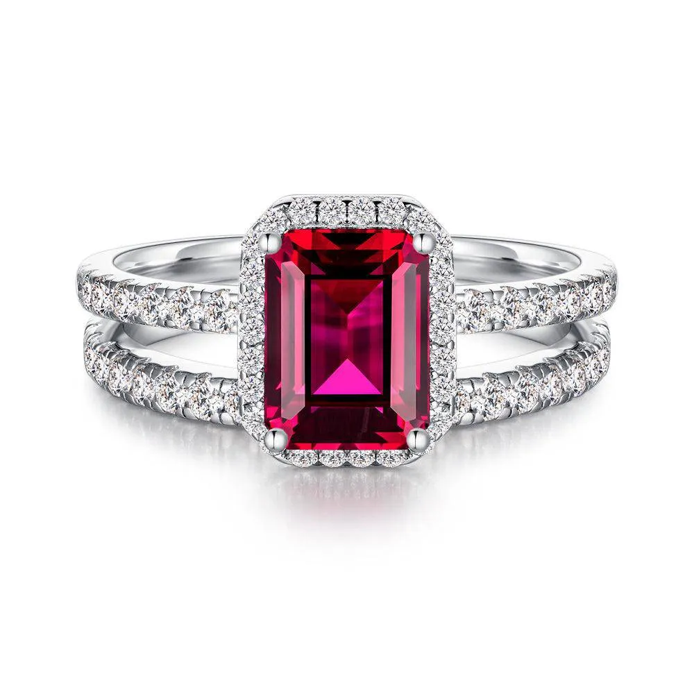 2 CT. Emerald Cut Lab Grown Ruby Ring Set with Matching Wedding Band sold by MSBLUE Jewelry