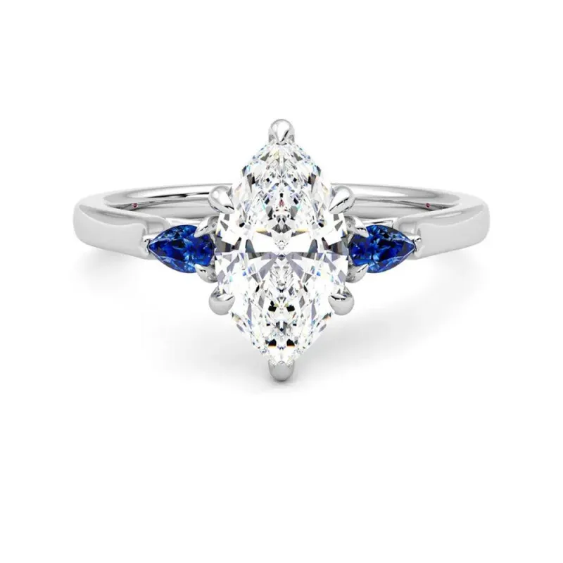 Three Stone Marquise Cut Moissanite Engagement Ring with Hidden Anniversary Stone Accent sold by MSBLUE Jewelry