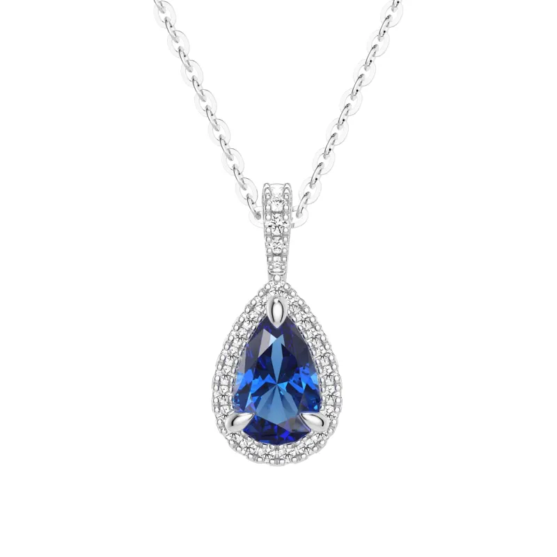 1 CT. Pear Shaped Sapphire Pendant with Pavé Diamond Halo sold by MSBLUE Jewelry