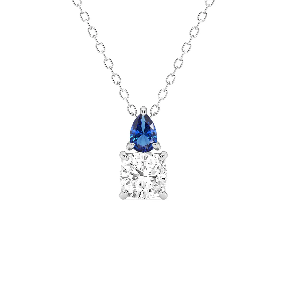 Toi Et Moi Sapphire and Cushion Cut Lab Grown Diamond Pendant Necklace sold by MSBLUE Jewelry