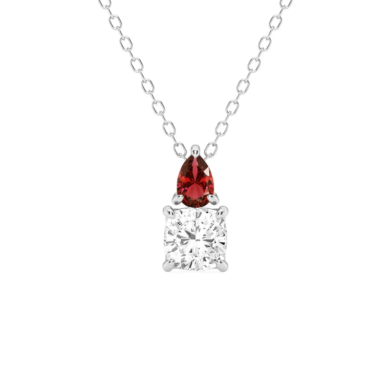Toi Et Moi Ruby and Cushion Cut Lab Grown Diamond Pendant Necklace sold by MSBLUE Jewelry